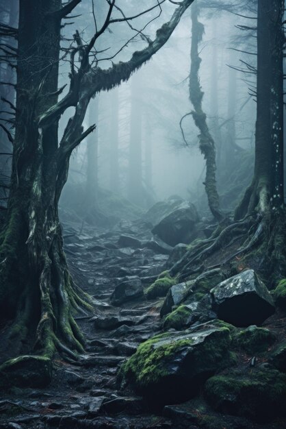 Mistige griezelige bosachtergrond enge bomen in het bos van de verschrikkingsmist gelukkig halloween