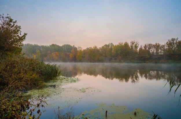 Mistige herfstdag op een rivier Prachtige plek