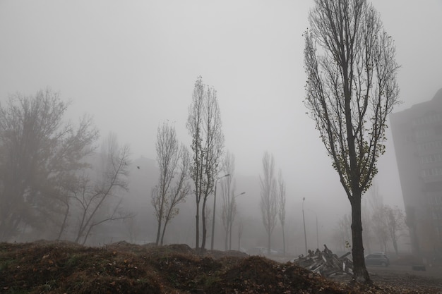 Mistige herfstochtend in de stad. Ecologisch begrip. Diepe mist op de stadsstraat in koude donkere herfstochtend. Dump van betonconstructies op straat