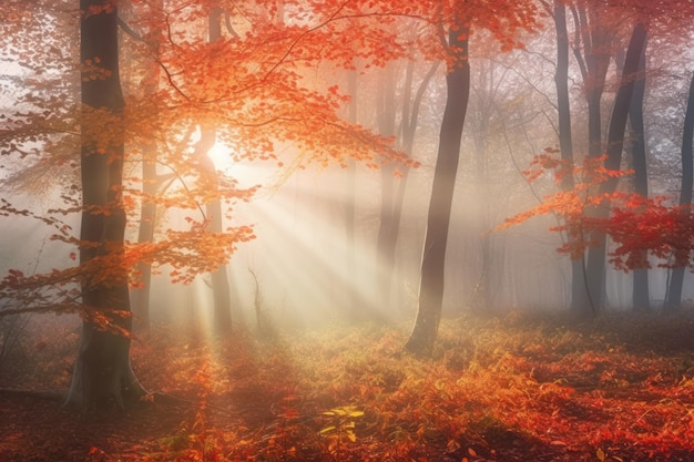 Foto mistige mistige herfst boslandschap met zonnestralen in takken met oranje gekleurde bladeren