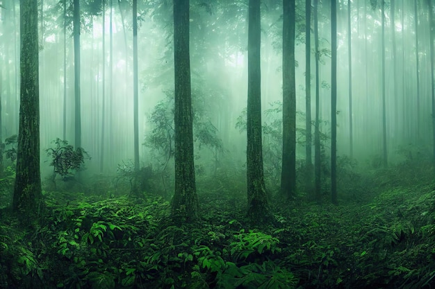 Mistige nacht jungle bos donkere bomen in witte mist 3D illustratie