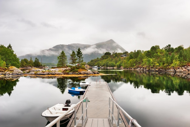 Mistige ochtend aan de kust van fjord in noorwegen. zomer landschap