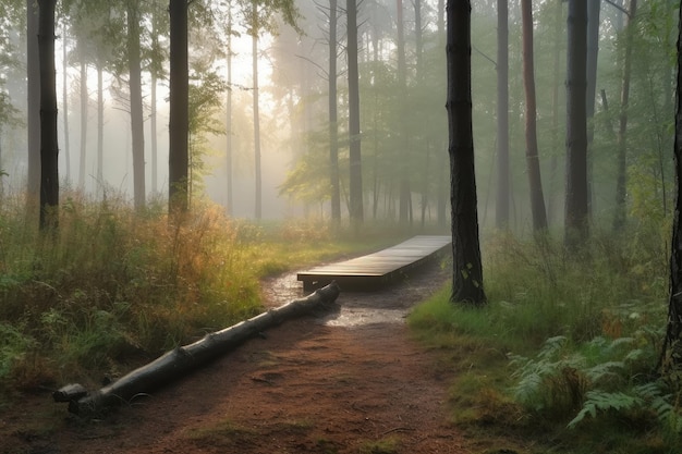 Mistige ochtend in het bos met vlonderpad en boomstammen op de achtergrond