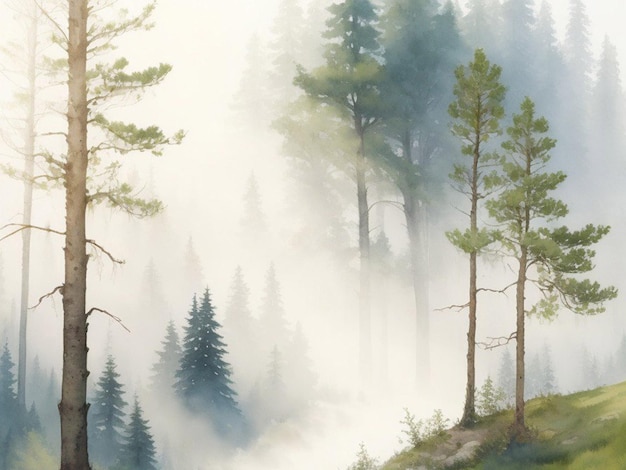 Mistige ochtend in het naaldbos met pijnbomen aquarel illustratie
