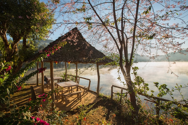 Foto mistige ochtend lichte dekking op het meer bij verbod ruk thais oud dorp, mae hong son, noordelijk