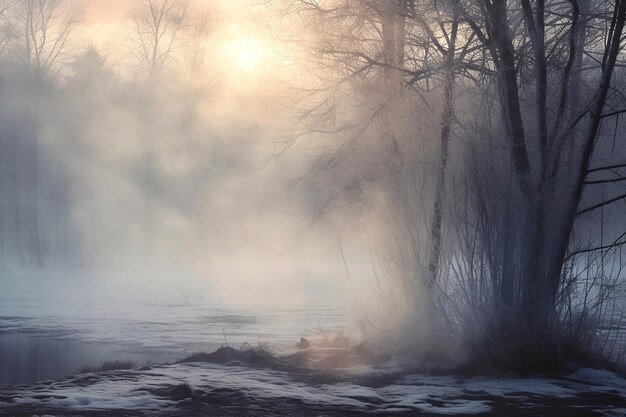 Mistige ochtend op de rivier Winterlandschap met mist en bomen