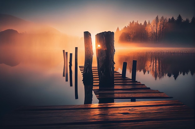 Mistige ochtend op het meer Prachtig herfstlandschap met houten piergeneratieve ai