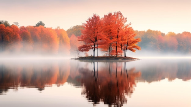 mistige ochtend over een meer met bomen die reflecteren in de rivier