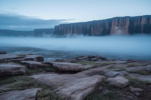 Mistige zonsopgang bij bergplateau Generatieve AI