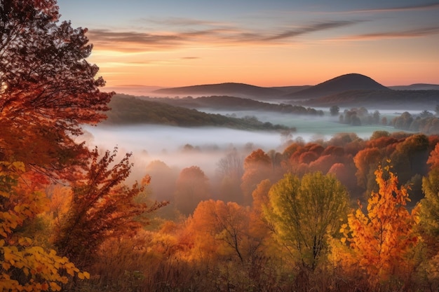 Mistige zonsopgang boven glooiende heuvels met levendig herfstgebladerte gemaakt met generatieve AI