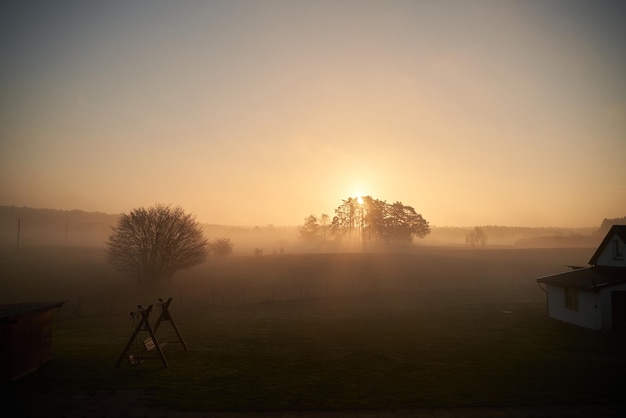 Mistige zonsopgang op het platteland Mistige oranje zonsondergang Fris en duurzaam toekomstig concept