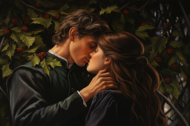 Under The Mistletoe 크리스마스 기간 동안 포옹하고 키스하는 축제 커플