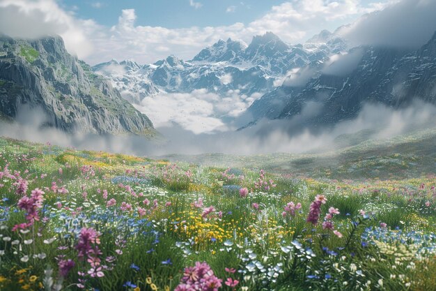 A mistshrouded valley blanketed in wildflowers oct