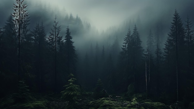 misty autumn coniferous evergreen forest in the mountains nature landscape panoramic view