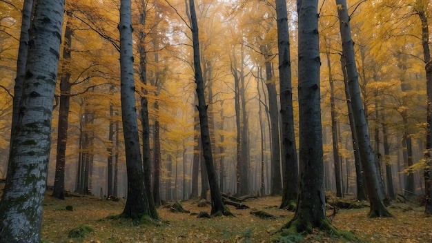 Misty autumn forest with tall bare trees