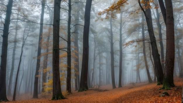 Misty autumn forest with tall trees