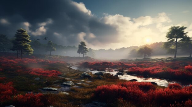 Foto misty autumn landscape unreal engine 5 rood gras en bomen