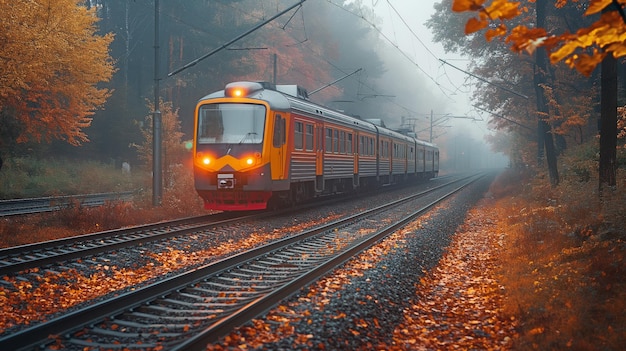 霧のついた秋の朝電動旅客列車が運行しています