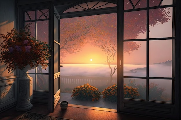 Misty autumn morning with a view of the sunrise over the ocean created with generative ai