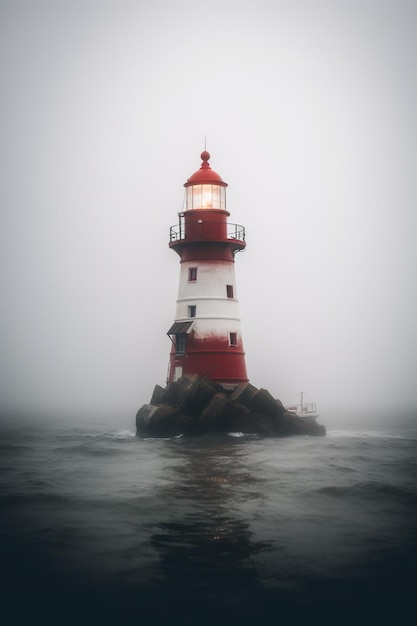 Misty Beacon Discover the Enigmatic Lighthouse Amidst the Serene Rocky Island Generative AI