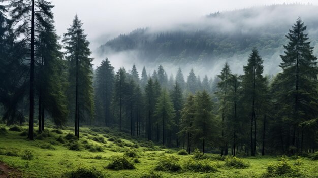 霧 の ある イギリス の 森 と 松 の 木 たち の 中 で やか で 魅力 的 な 景色