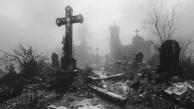 A Misty Cemetery With Toppled Gravestones Wallpaper