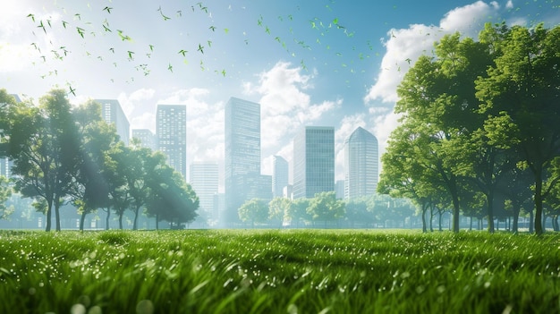 Misty City Park at Dawn with Modern Skyscrapers Looming in the Background