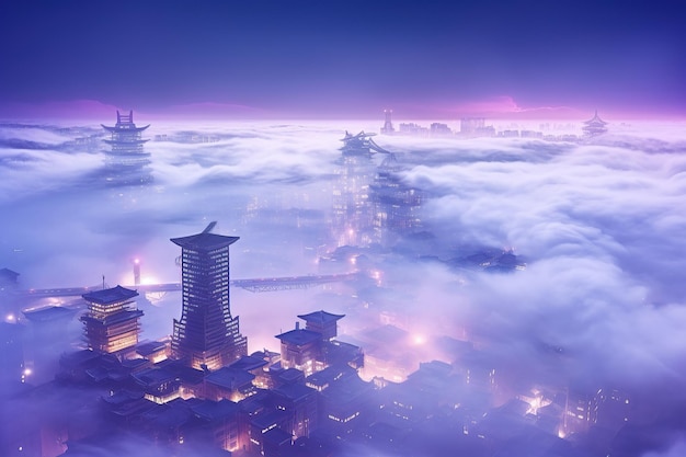 A misty cityscape under the cover of night