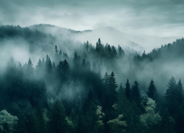 木々の白い霧の霧のある霧の暗い森秋の朝の山の上の空から眺める