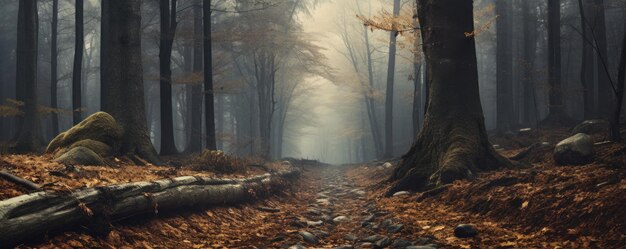 Misty deciduous autumn forest Generative ai