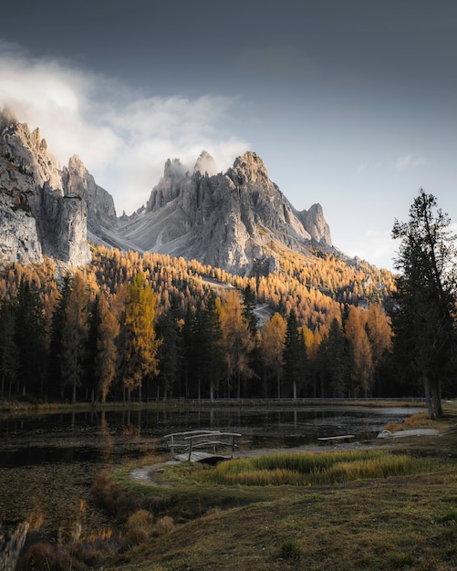 Misty Dolomites peaks in winter