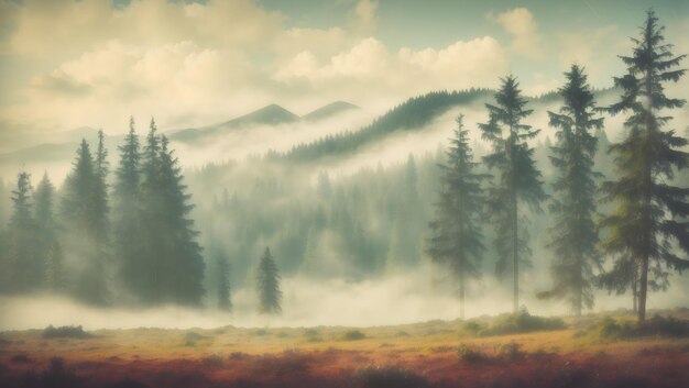 Туманный горный пейзаж с еловым лесом
