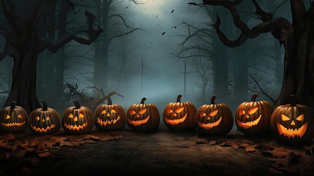 Misty forest background with Jackolanterns on fence