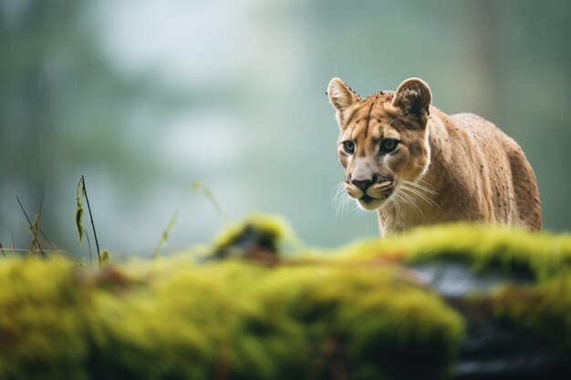 Photo misty forest background with stalking cougar