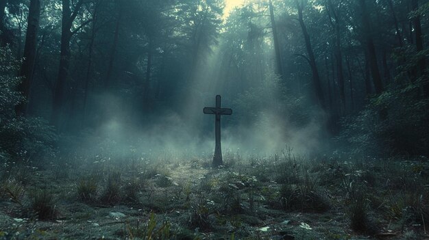 A Misty Forest Clearing With Cross Surrounded Background