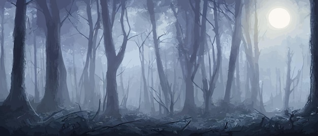 Photo misty forest dark tree silhouette tree tricks in the blue mist fog in the night forest illustration