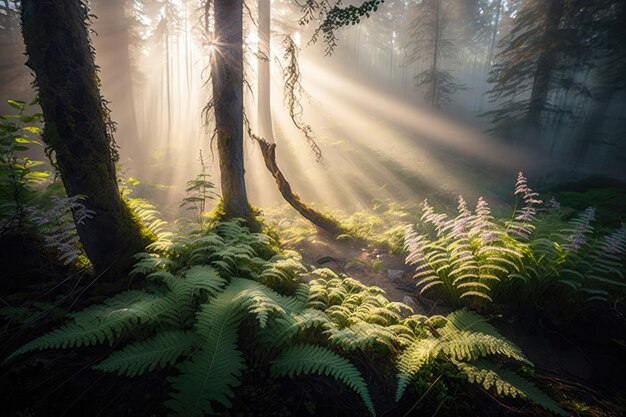 Foto foresta nebbiosa con i raggi del sole che filtrano attraverso gli alberi e illuminano un tappeto