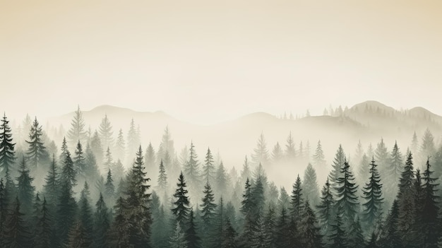 Misty Forest and Mountain Silhouettes at Dawn