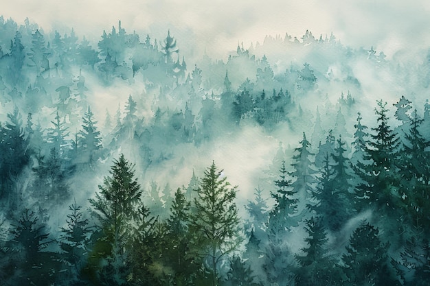 misty forest panorama with dense trees and thick fog creating a mysterious and serene atmosphere in a mountainous landscape