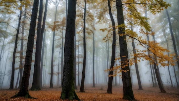 Misty forest path with vibrant autumn colors