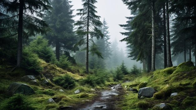 アルバロ・セルヴァンテスが描いた 霧の森の道 奇妙な荒野