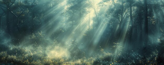 Photo a misty forest shrouded in fog sunbeams background