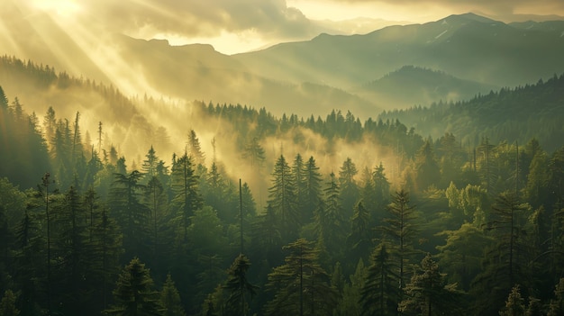 Misty forest sunrise with sunbeams