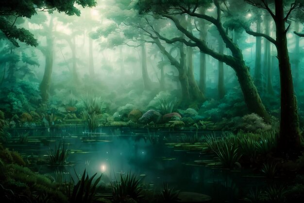 Misty forest wallpaper illustration background night magic jungle trees lake water misty