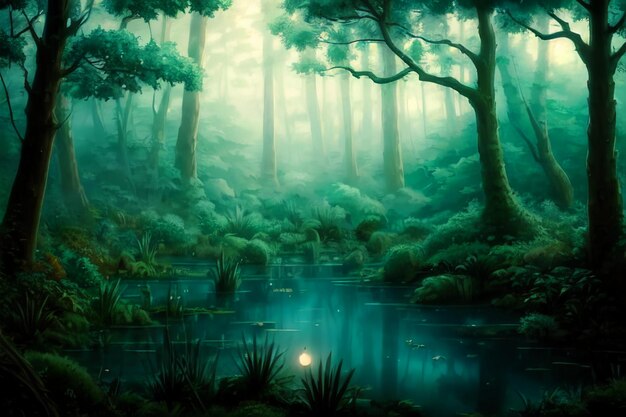 Misty forest wallpaper illustration background night magic jungle trees lake water misty