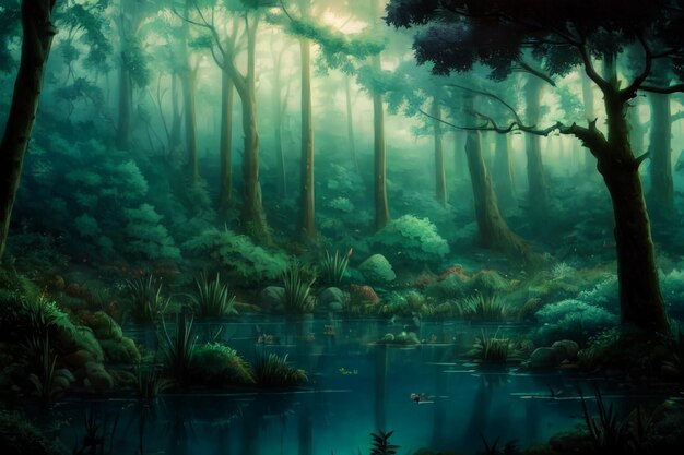 Misty forest wallpaper illustration background night magic jungle trees lake water misty