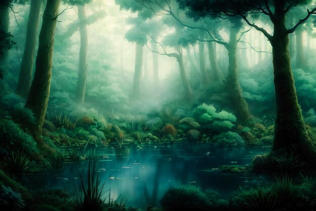 Misty forest wallpaper illustration background night magic jungle trees lake water misty