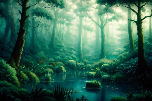 Misty forest wallpaper illustration background night magic jungle trees lake water misty