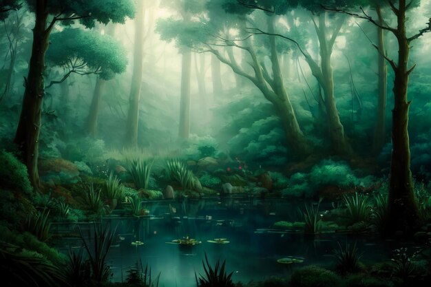 Misty forest wallpaper illustration background night magic jungle trees lake water misty