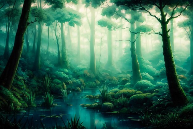 Misty forest wallpaper illustration background night magic jungle trees lake water misty